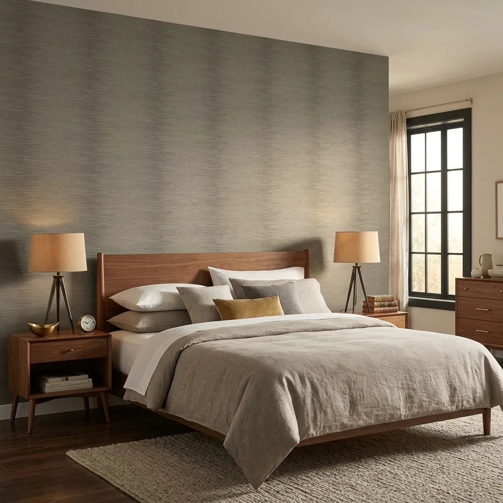 Bedroom - Taupe Operetta wallpaper by York Wallcoverings brings sophisticated elegance and texture to this stylish bedroom.