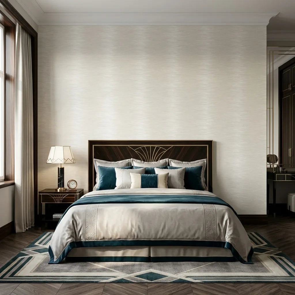 Bedroom - Sophisticated interior featuring York Wallcoverings' 'Operetta' wallpaper in Warm Ivory, enhancing the room's elegant style.
