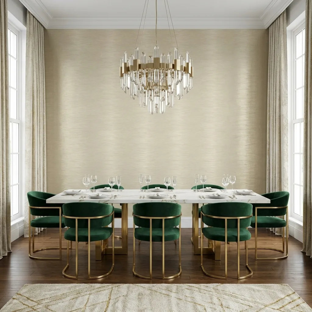 Dining Room - Warm Ivory Operetta wallpaper by York Wallcoverings creates an elegant, inviting space for entertaining.