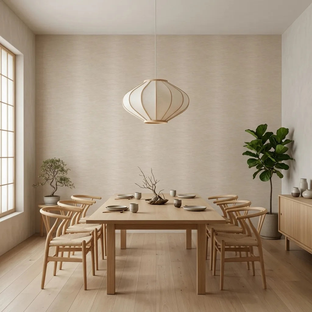 Dining Room - Elegant dining space featuring York Wallcoverings' 'Operetta' wallpaper in Beige and Gold.
