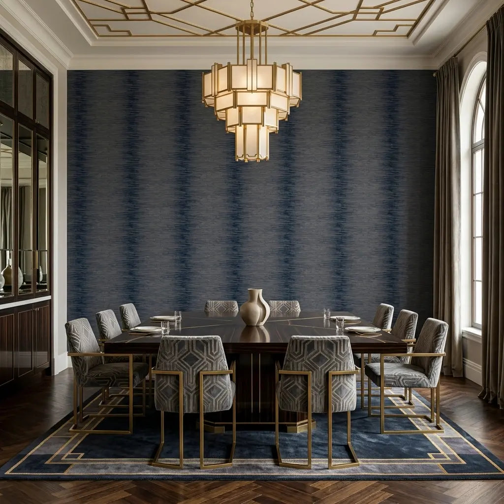 Dining Room - Elegant dining room showcasing Operetta wallpaper in Navy Blue & Taupe by York Wallcoverings.
