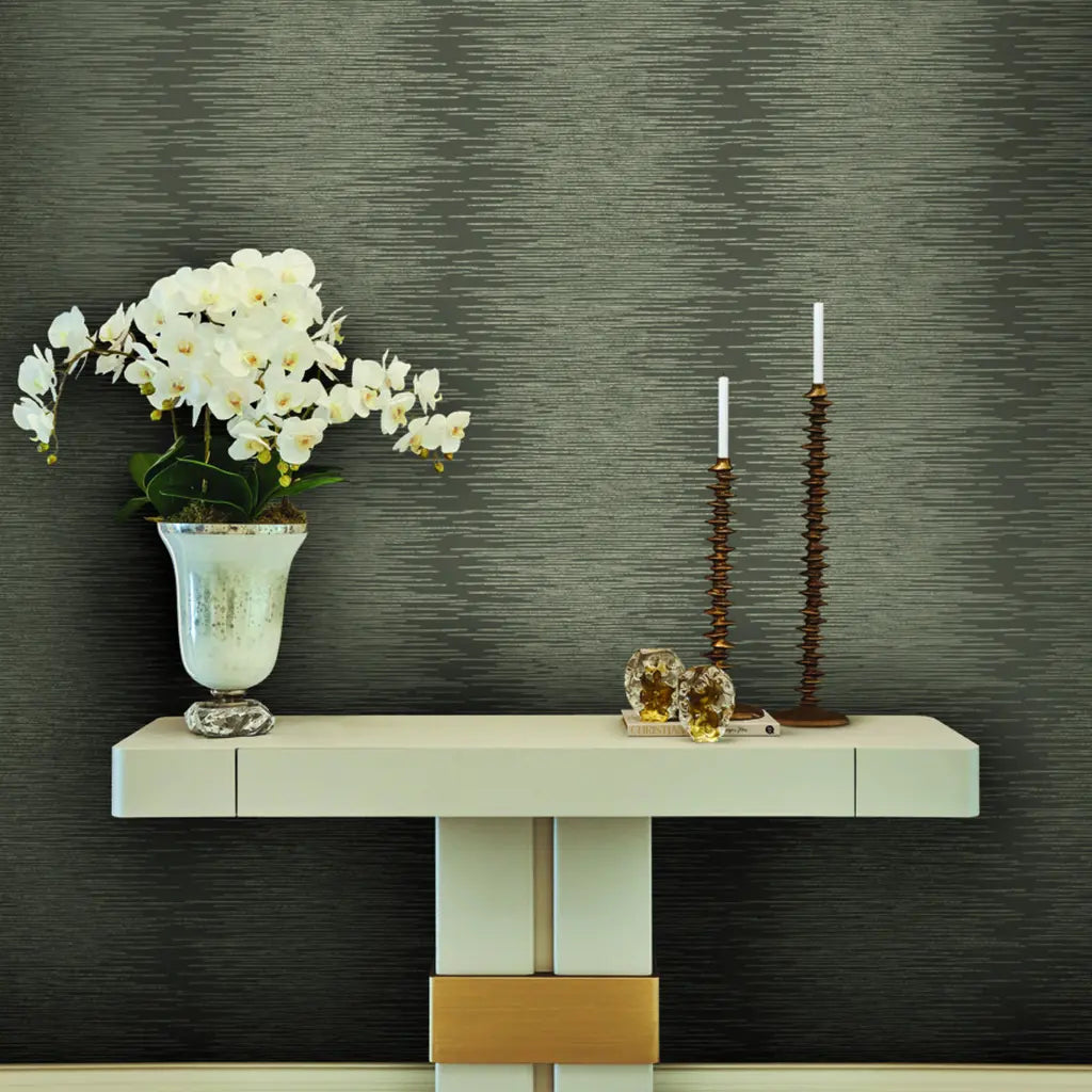 Elegant entryway showcases 'Operetta' wallpaper in Taupe by York Wallcoverings, creating a welcoming first impression.