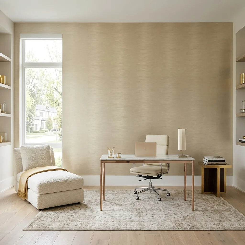 Home Office - Features 'Operetta' wallpaper in Warm Ivory by York Wallcoverings, creating an elegant and productive workspace.