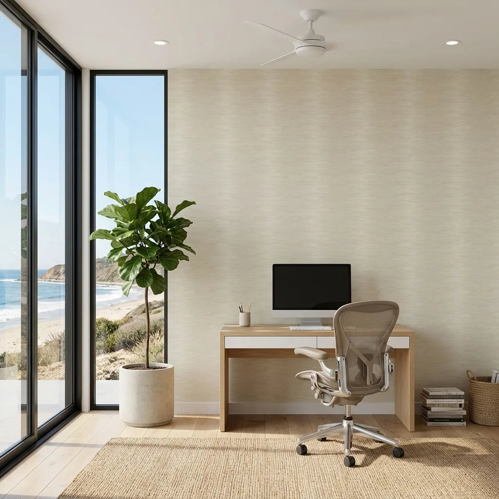 Home Office - Stylish home office featuring Operetta wallpaper in Warm Ivory by York Wallcoverings.