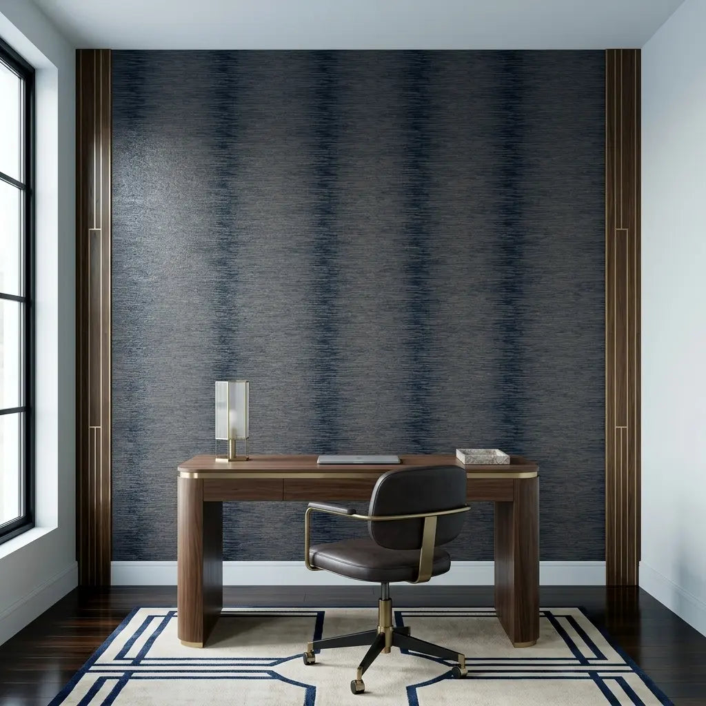 Home Office - Elegant home office with Operetta wallpaper in Navy Blue Taupe by York Wallcoverings.