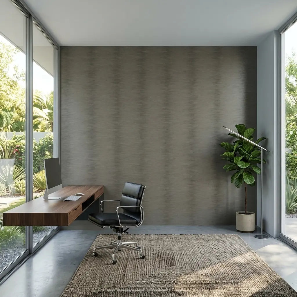 Home Office - Elegant workspace featuring Operetta wallpaper in Taupe by York Wallcoverings, creating a sophisticated and inspiring environment.