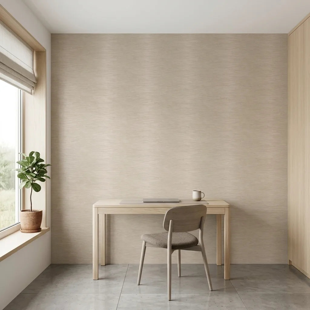 Home Office - Elegant home office featuring 'Operetta' wallpaper in Beige and Gold by York Wallcoverings, creating a luxurious workspace.