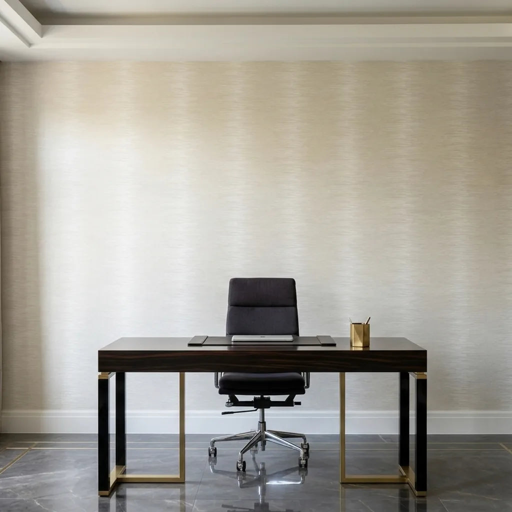 Home Office - Elegant workspace with York Wallcoverings 'Operetta' wallpaper in Warm Ivory, creating a serene and productive environment.