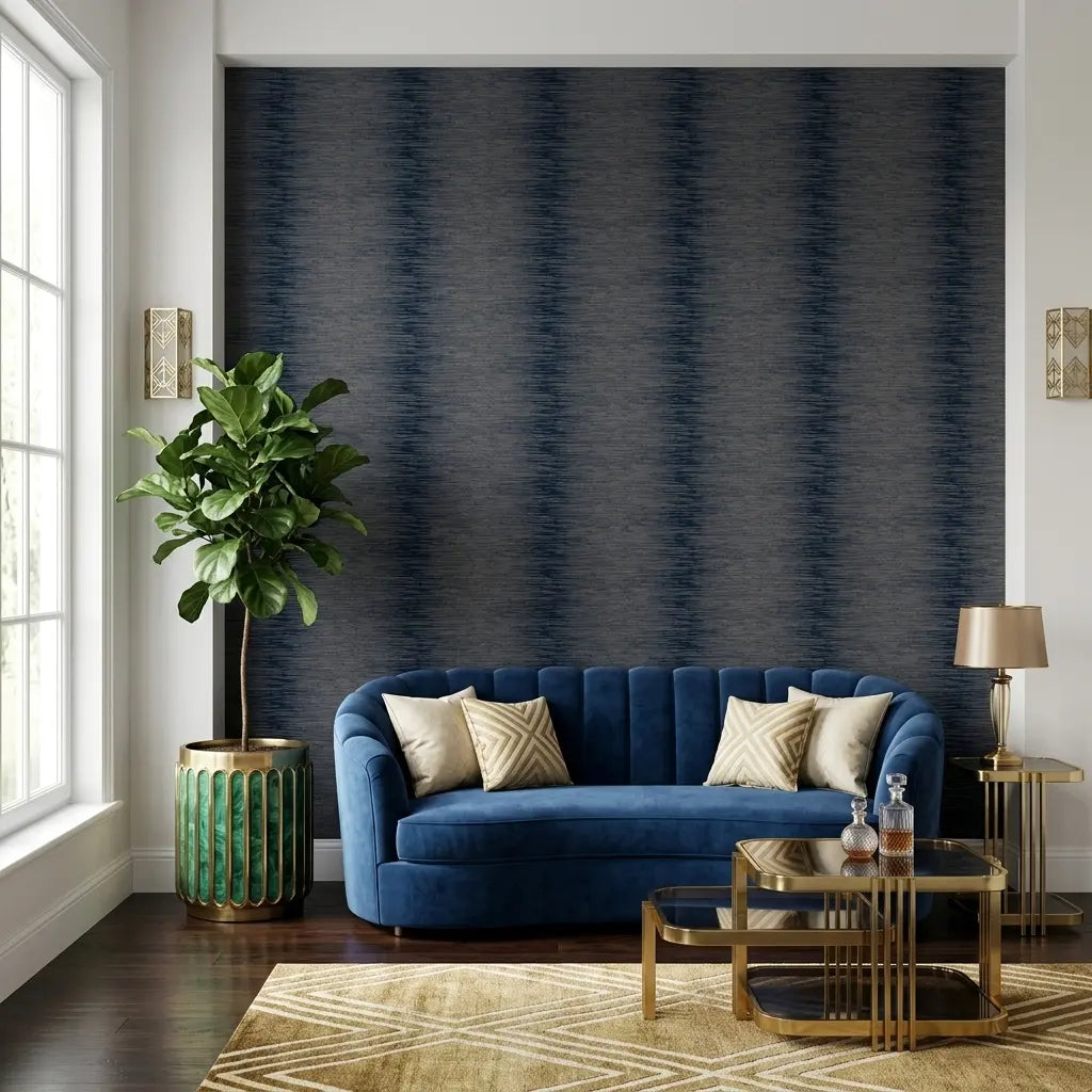 Living Room - Elegant space featuring 'Operetta' wallpaper in Navy Blue and Taupe by York Wallcoverings, creating a sophisticated ambiance.