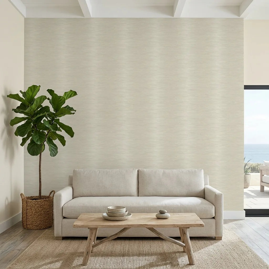Living Room - Elegant space featuring Operetta wallpaper in Warm Ivory by York Wallcoverings, creating a sophisticated and inviting atmosphere.