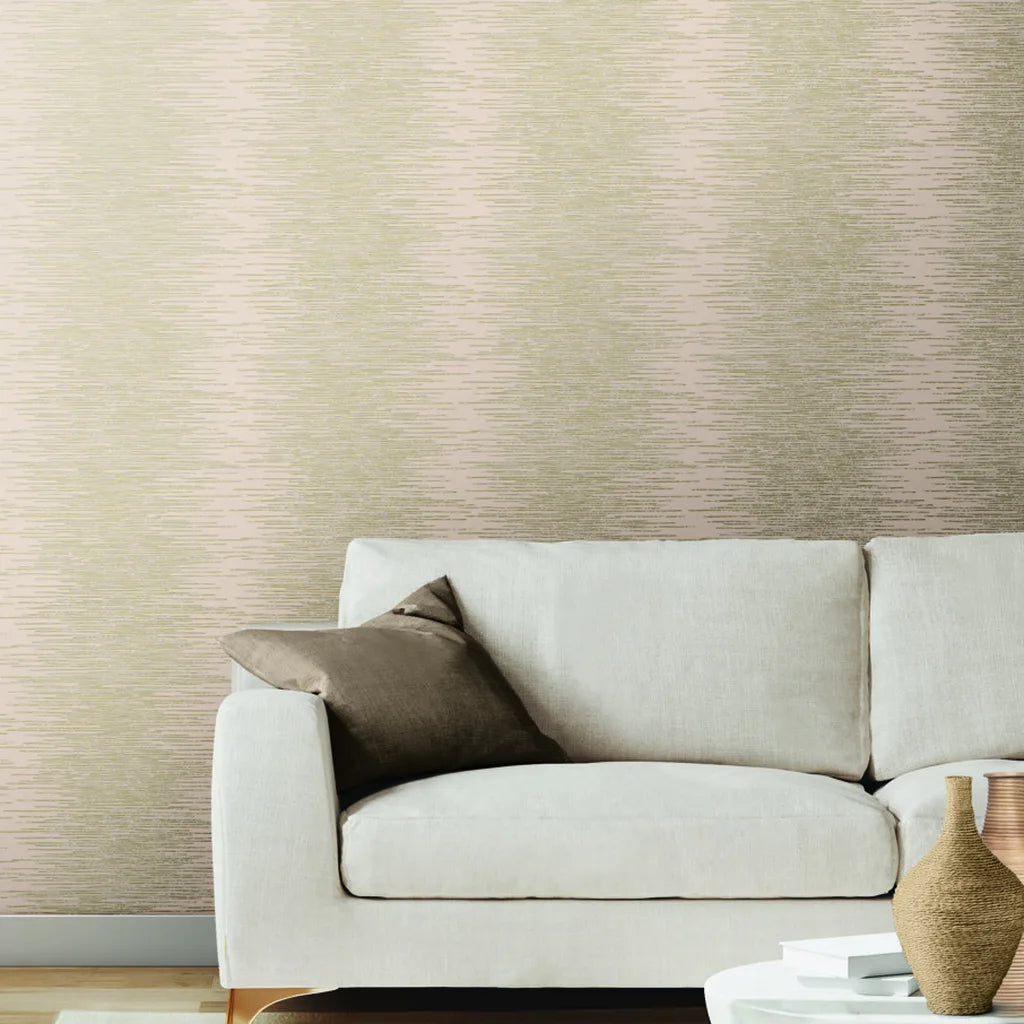 Living room showcasing elegant Operetta wallpaper in Beige and Gold by York Wallcoverings, creating a luxurious and inviting space.