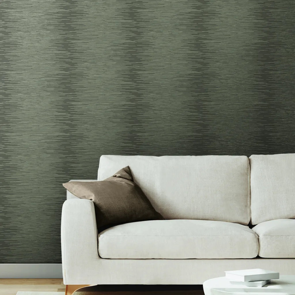 Modern living room design with stunning Operetta Taupe wallpaper by York Wallcoverings.