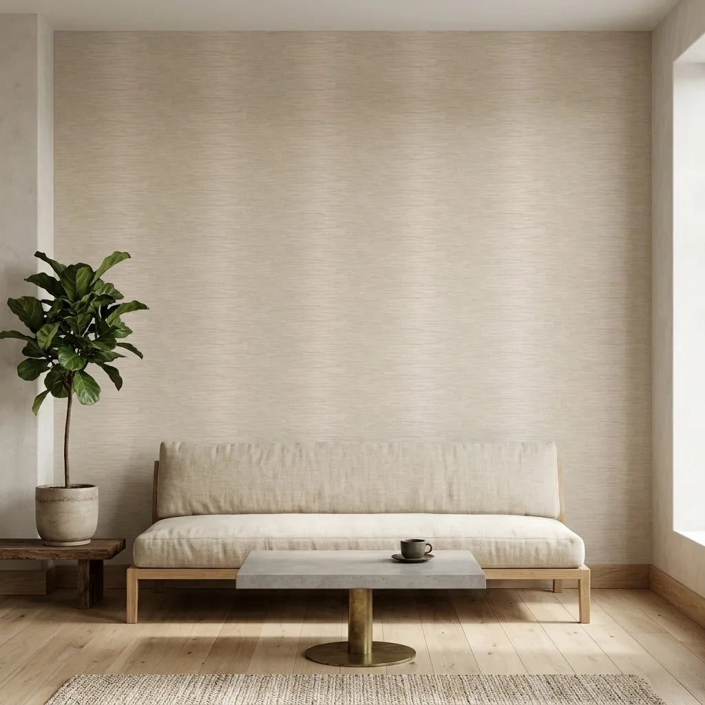 Living Room - Elegant living room showcasing York Wallcoverings' Operetta wallpaper in beautiful beige and gold.