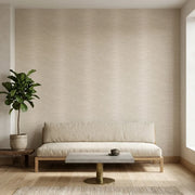 Living Room - Elegant living room showcasing York Wallcoverings' Operetta wallpaper in beautiful beige and gold.