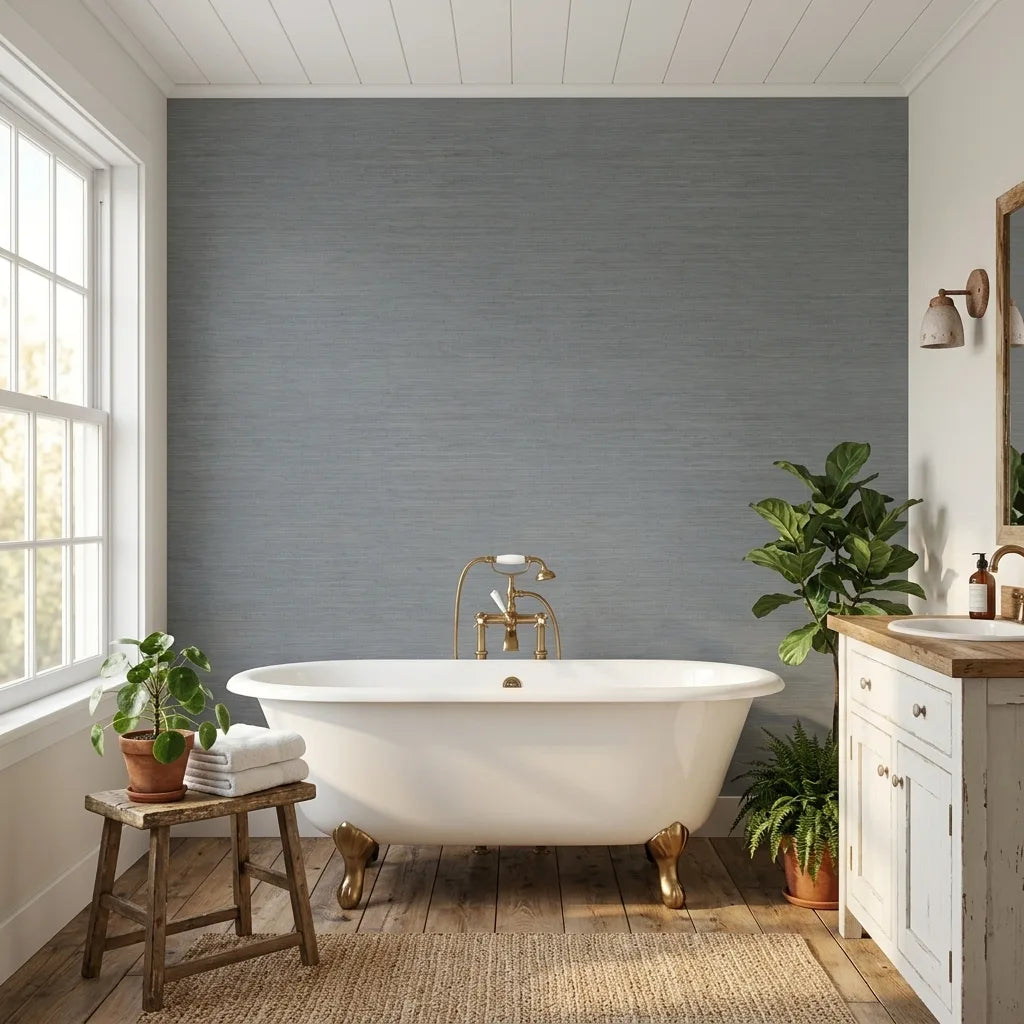 Bathroom - Elegant bathroom showcasing Painted Hemp wallpaper in Dusty Teal by York Wallcoverings, adding texture and color.