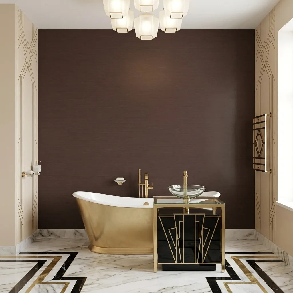Bathroom - Elegant space featuring rich Mahogany Painted Hemp wallpaper by York Wallcoverings, adding natural texture and warmth.