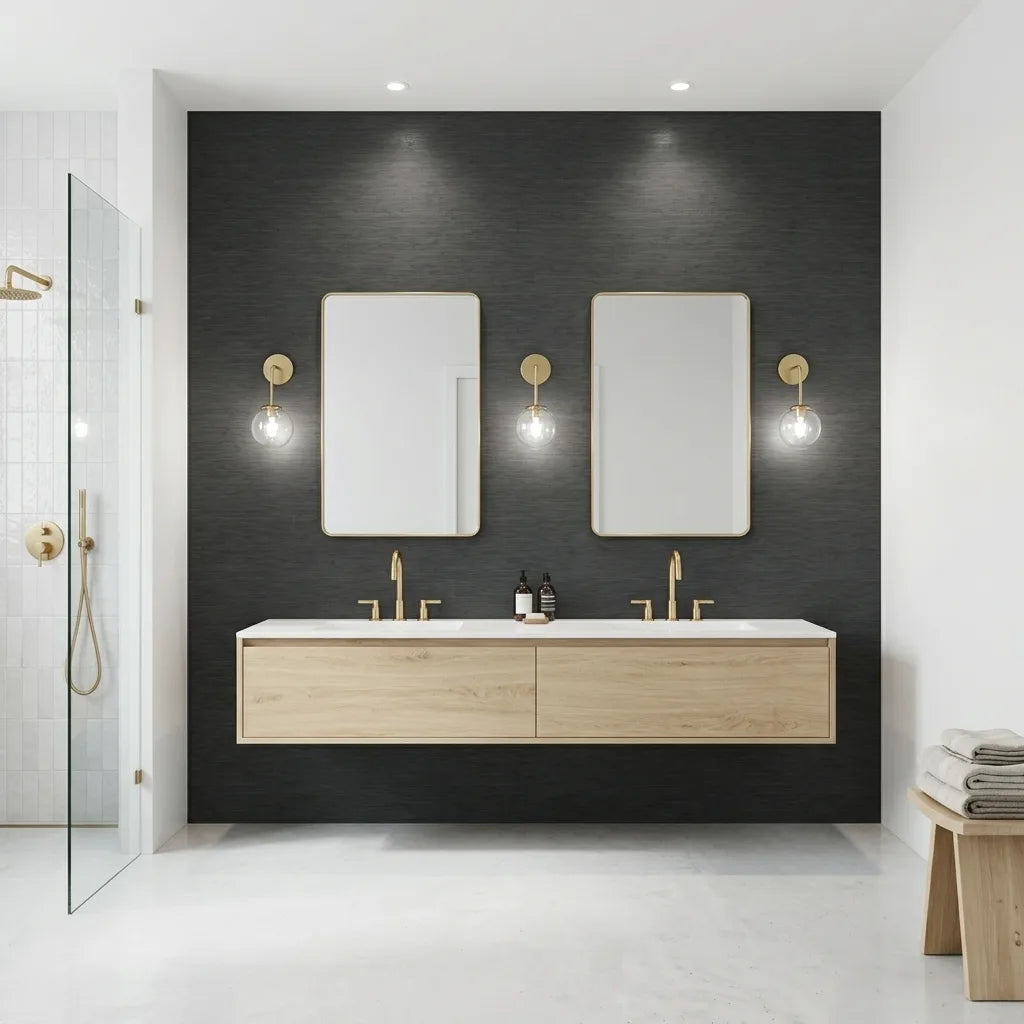 Bathroom - Features York Wallcoverings' "Painted Hemp" wallpaper in sophisticated Charcoal, creating a modern and elegant space.