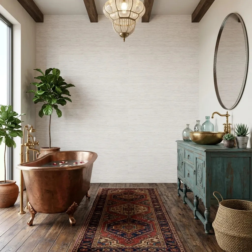 Bathroom - Features Pale Beige 'Painted Hemp' wallpaper by York Wallcoverings, adding a sophisticated, textured finish.