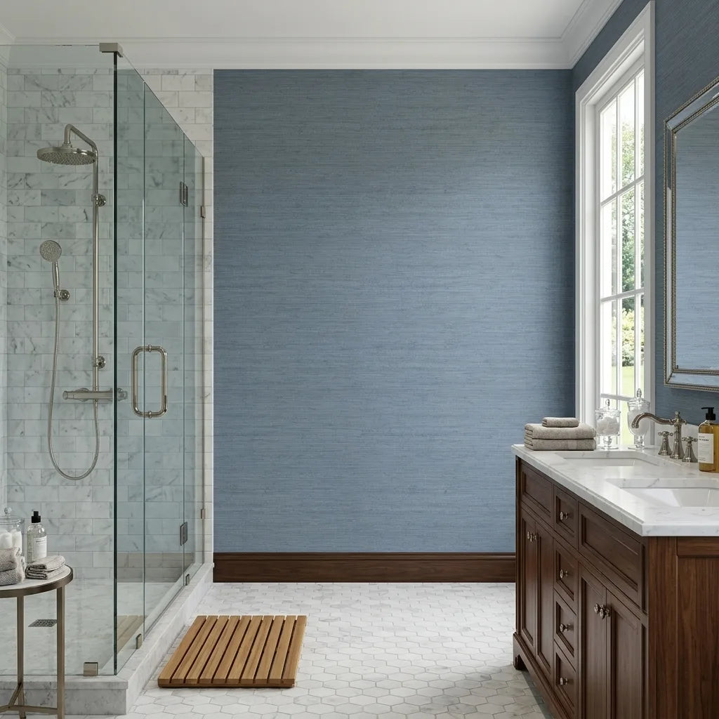 Bathroom - Elegant bathroom with "Painted Hemp" wallpaper in Dusty Blue by York Wallcoverings, creating a serene and stylish retreat.