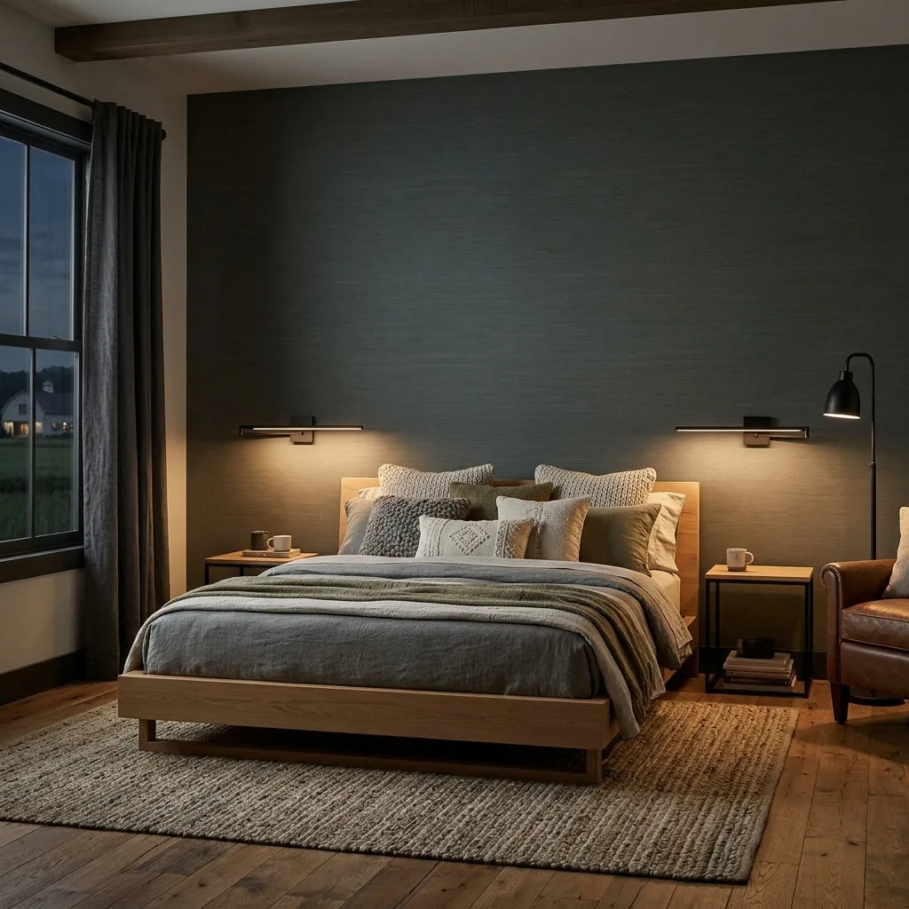Bedroom - Modern room featuring Forest Green "Painted Hemp" wallpaper by York Wallcoverings, adding organic texture.
