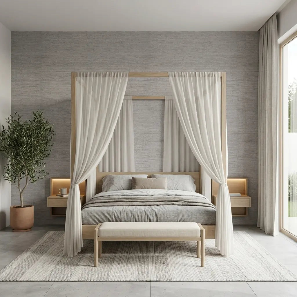 Bedroom - Serene space featuring Light Greige "Painted Hemp" wallpaper by York Wallcoverings, adding natural texture.