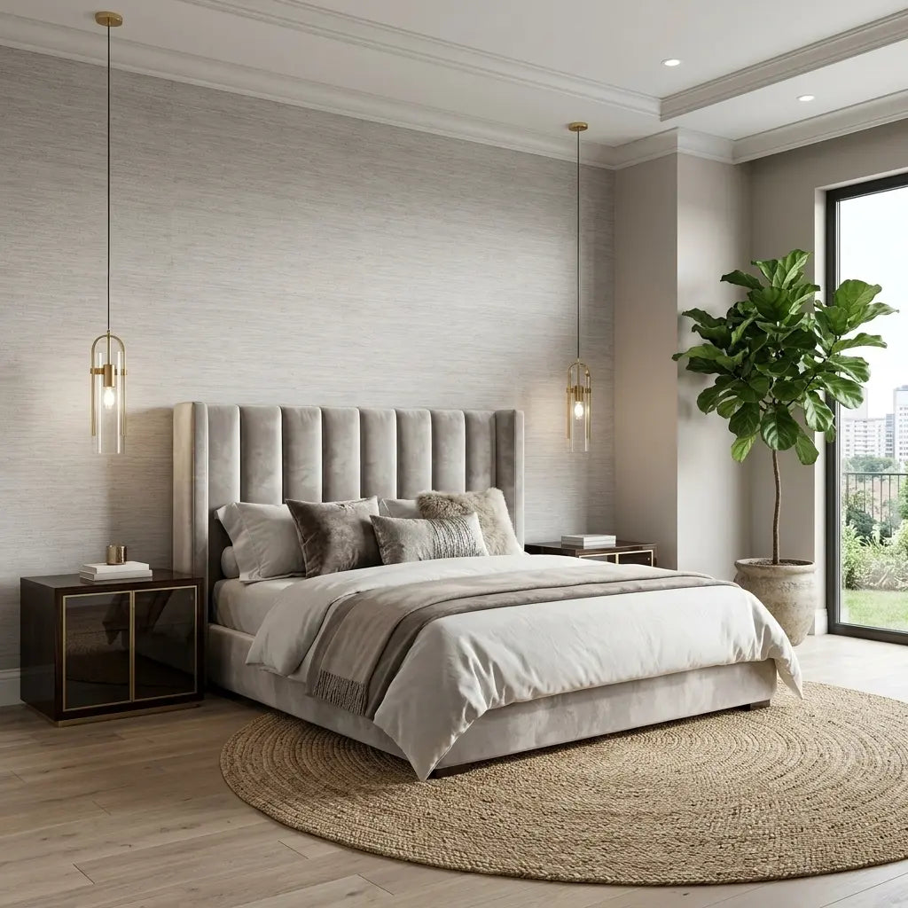 Bedroom - Featuring Pale Beige Painted Hemp textured wallpaper from York Wallcoverings for a cozy, natural look.