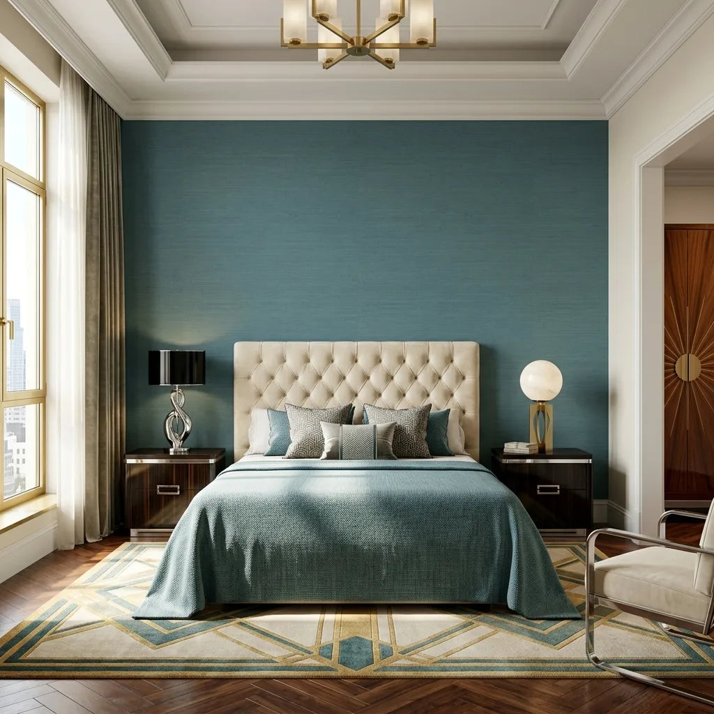 Bedroom - Serene bedroom featuring Teal 'Painted Hemp' wallpaper by York Wallcoverings, offering natural texture and sophisticated style.