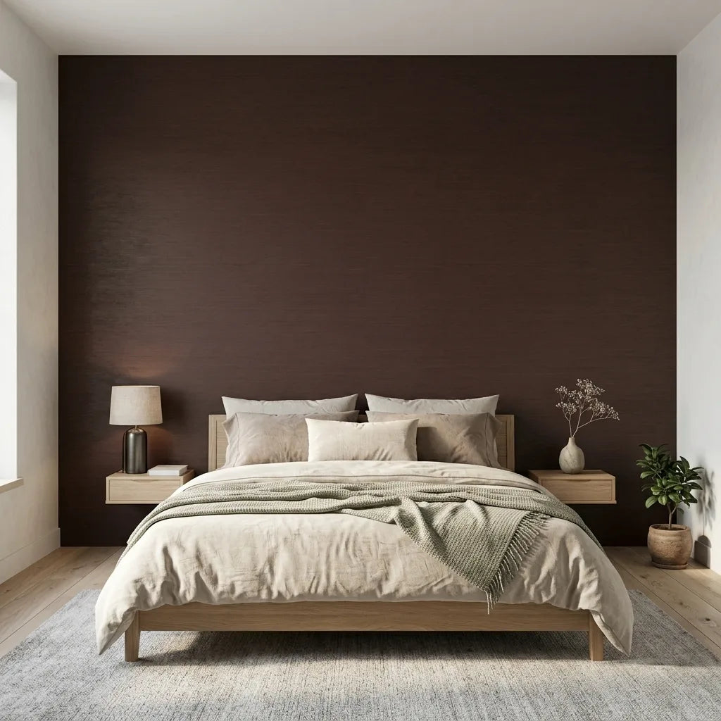 Bedroom - Relaxing space featuring York Wallcoverings' 'Painted Hemp' wallpaper in rich Mahogany, offering texture and warmth.