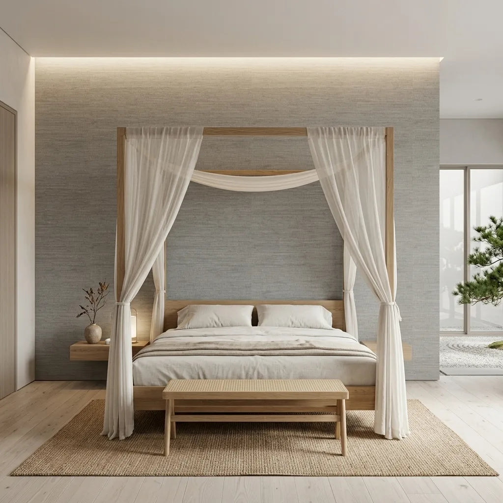 Bedroom - Serene green-grey Painted Hemp wallpaper by York Wallcoverings creates a calming and stylish bedroom retreat.