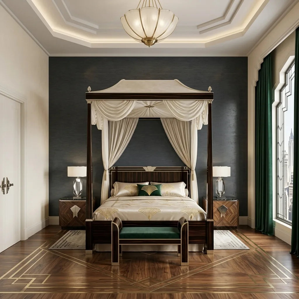 Bedroom - Modern bedroom showcasing elegant York Wallcoverings "Painted Hemp" wallpaper in sophisticated charcoal.