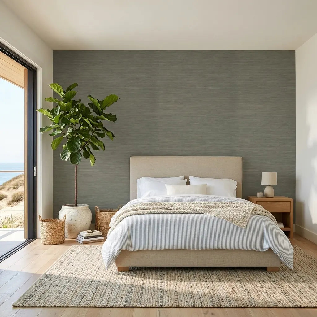 Bedroom - Modern bedroom featuring "Painted Hemp" olive green wallpaper from York Wallcoverings for a chic, natural aesthetic.