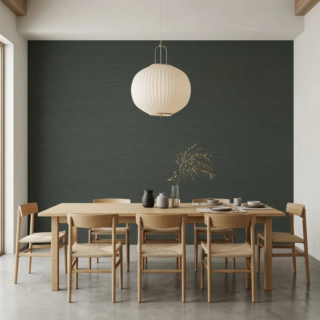 Dining Room - Forest Green Painted Hemp wallpaper by York Wallcoverings creates a sophisticated, nature-inspired space.