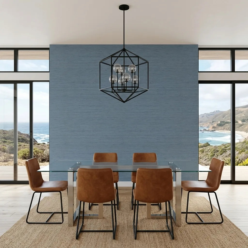 Dining Room - Serene dining room featuring York Wallcoverings' Dusty Blue Painted Hemp textured wallpaper for a calming feel.