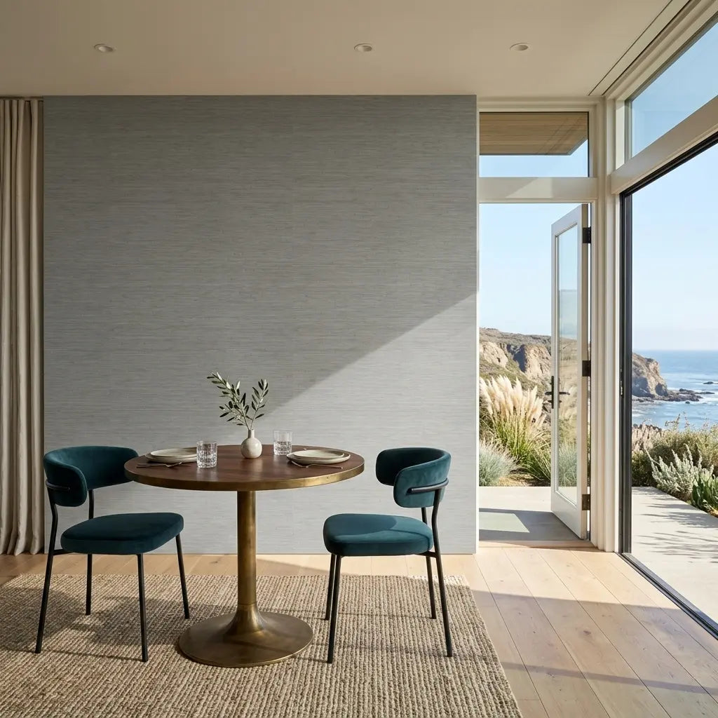 Dining Room - Elegant dining room with "Painted Hemp" wallpaper in a serene Green-Grey hue by York Wallcoverings.