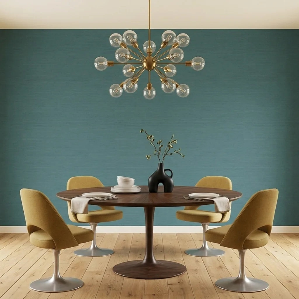 Dining Room - Teal "Painted Hemp" wallpaper by York Wallcoverings adds modern elegance to this stylish dining space.