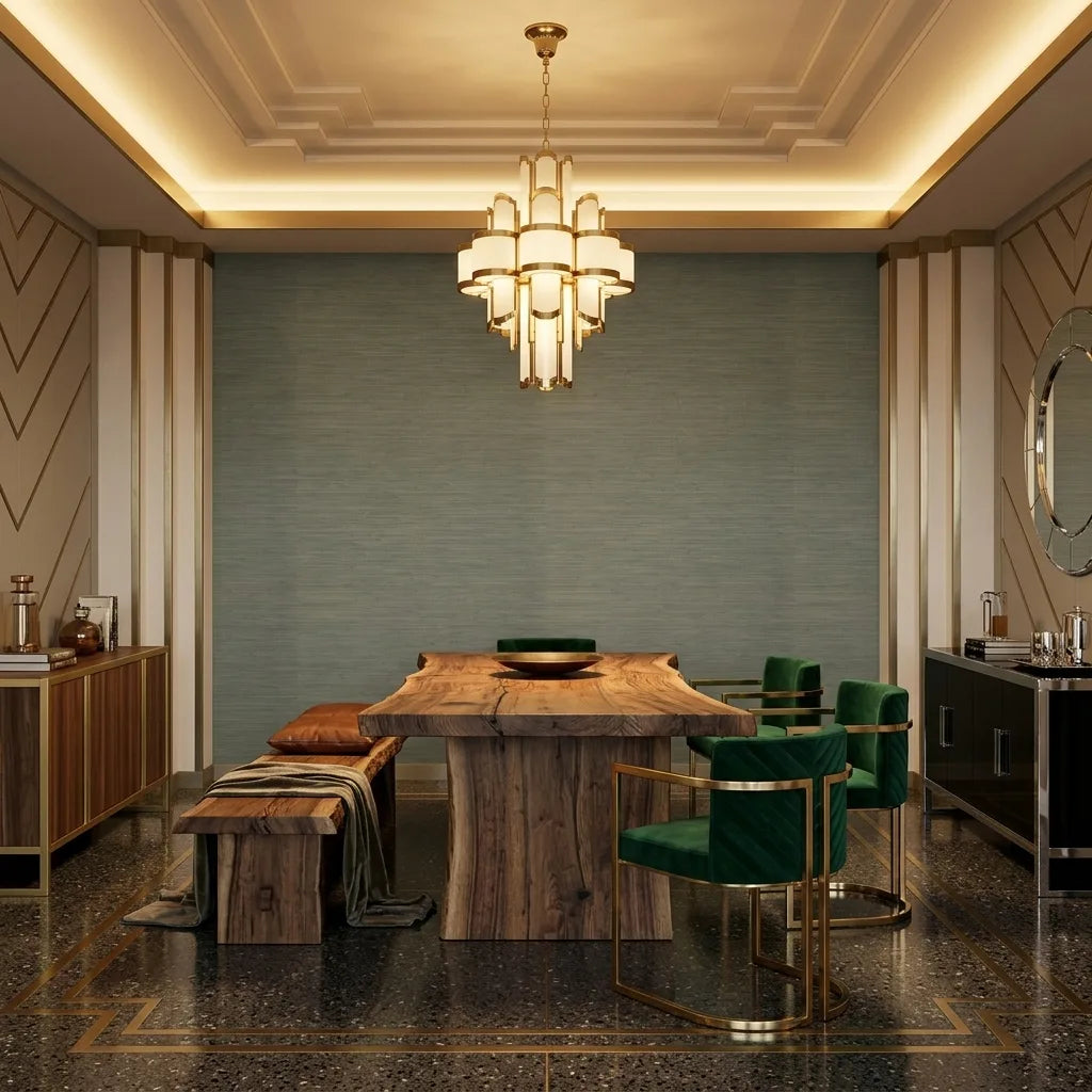 Dining Room - Features Olive Green 'Painted Hemp' wallpaper by York Wallcoverings, enhancing the sophisticated dining experience.