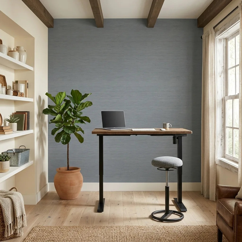 Home Office - Dusty Teal 'Painted Hemp' wallpaper by York Wallcoverings creates a calm, textured backdrop for this productive workspace.