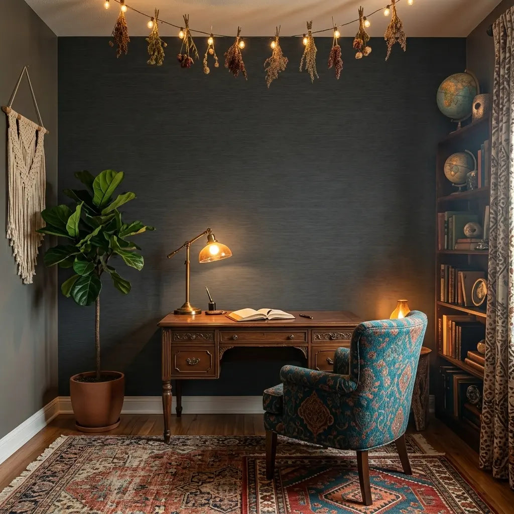 Home Office - Elegant home office with Charcoal Painted Hemp wallpaper by York Wallcoverings, providing a luxurious and textured backdrop.