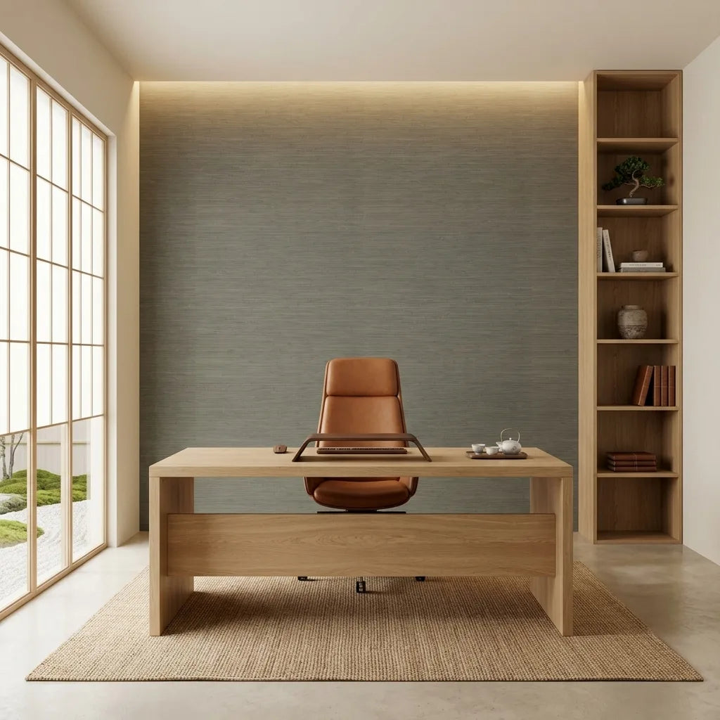 Home Office - Olive Green "Painted Hemp" wallpaper by York Wallcoverings creates a calming and natural backdrop for a productive workspace.