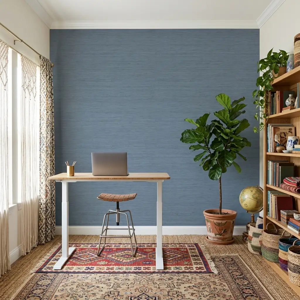 Home Office - Features elegant Dusty Blue Painted Hemp wallpaper from York Wallcoverings, perfect for a tranquil workspace.