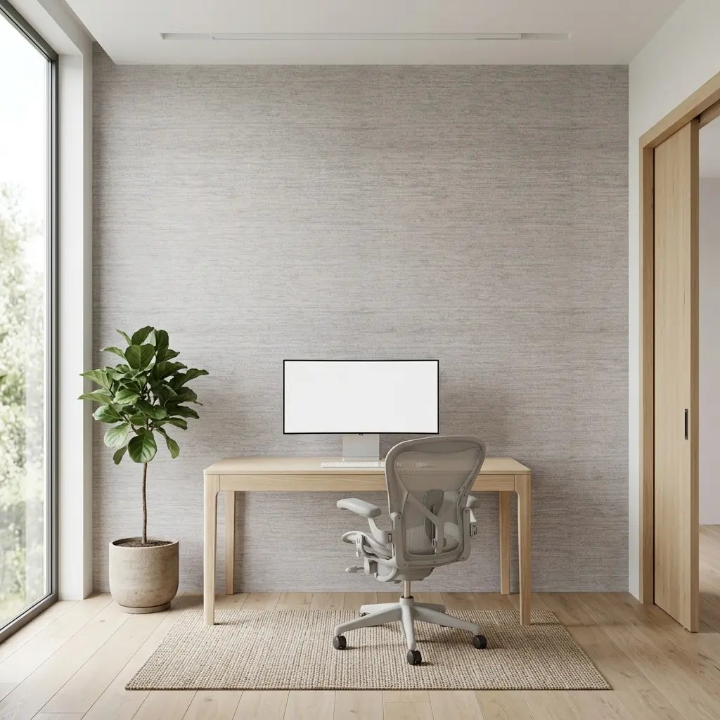 Home Office - Elegant space featuring York Wallcoverings' Light Greige 'Painted Hemp' wallpaper, creating a serene and sophisticated work environment.