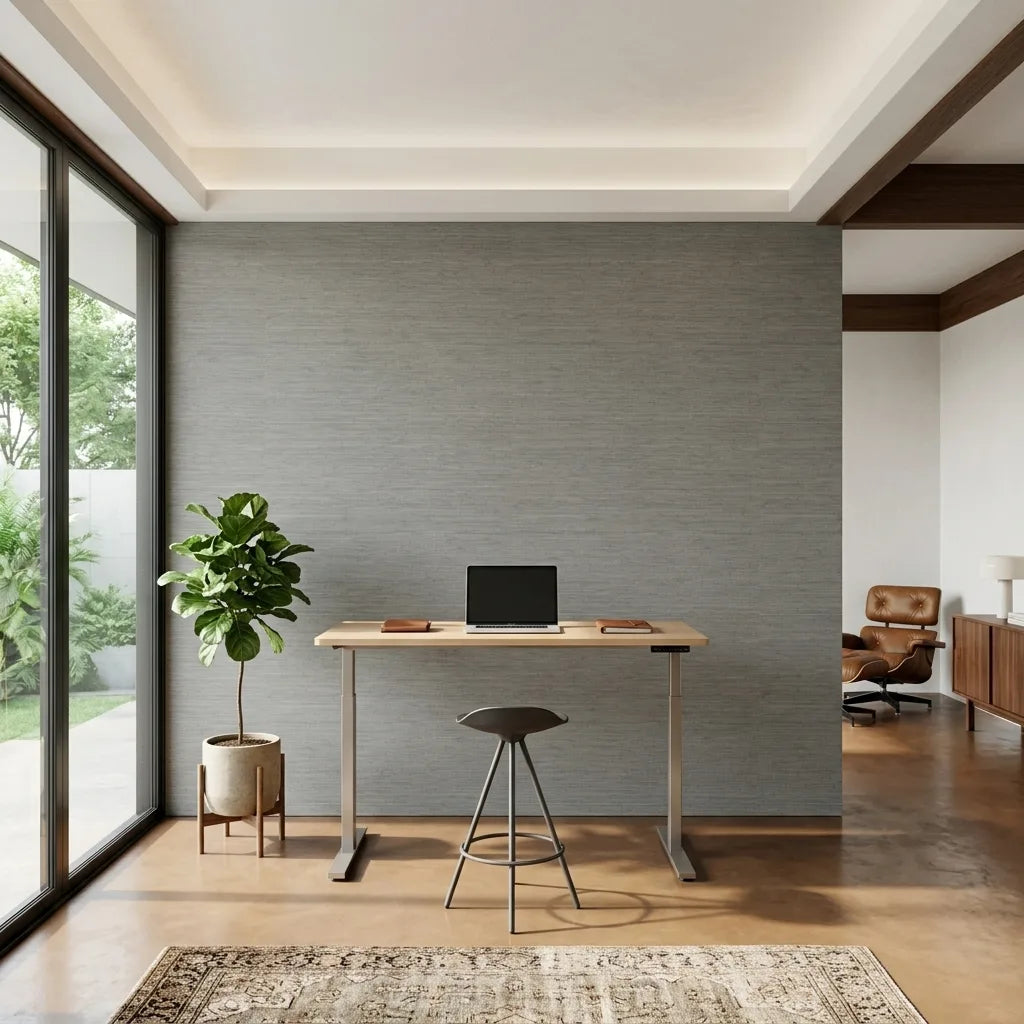 Home Office - Elegant space with Green-Grey 'Painted Hemp' wallpaper by York Wallcoverings, creating a serene and productive atmosphere.
