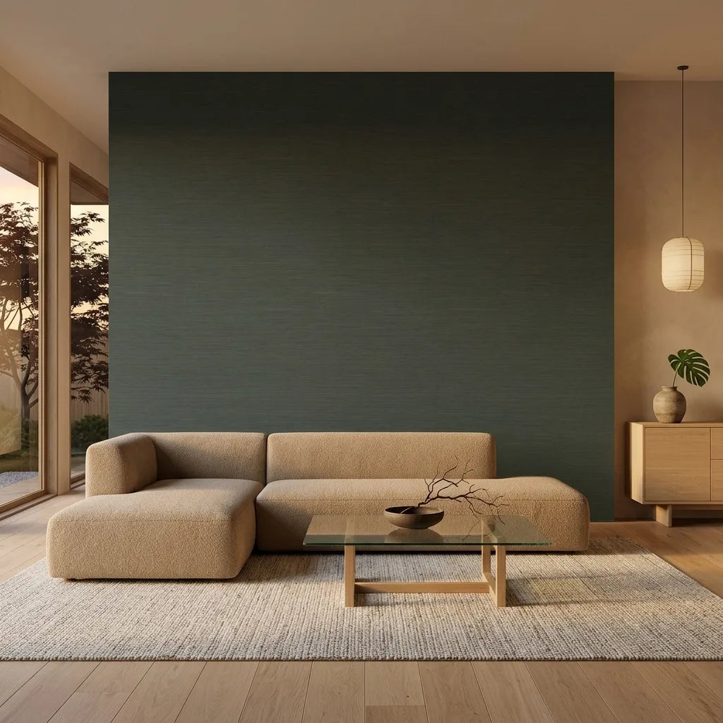 Living Room - Elegant living room featuring Forest Green 'Painted Hemp' wallpaper by York Wallcoverings, creating a serene, natural ambiance.