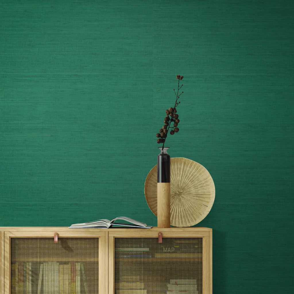 Living room showcasing York Wallcoverings' "Painted Hemp" wallpaper in stunning Teal, adding texture and color.