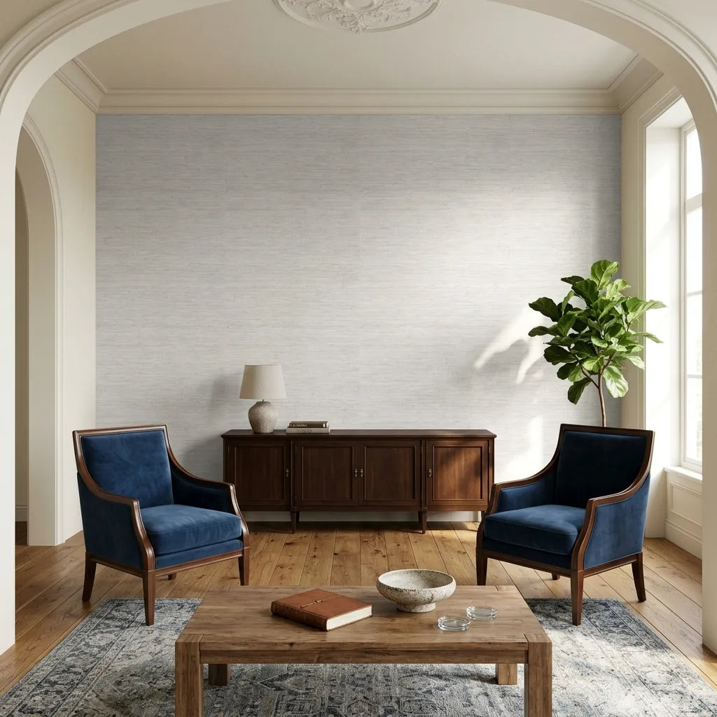 Living Room - Elegant living room featuring "Painted Hemp" wallpaper in Pale Beige, adding natural texture from York Wallcoverings.