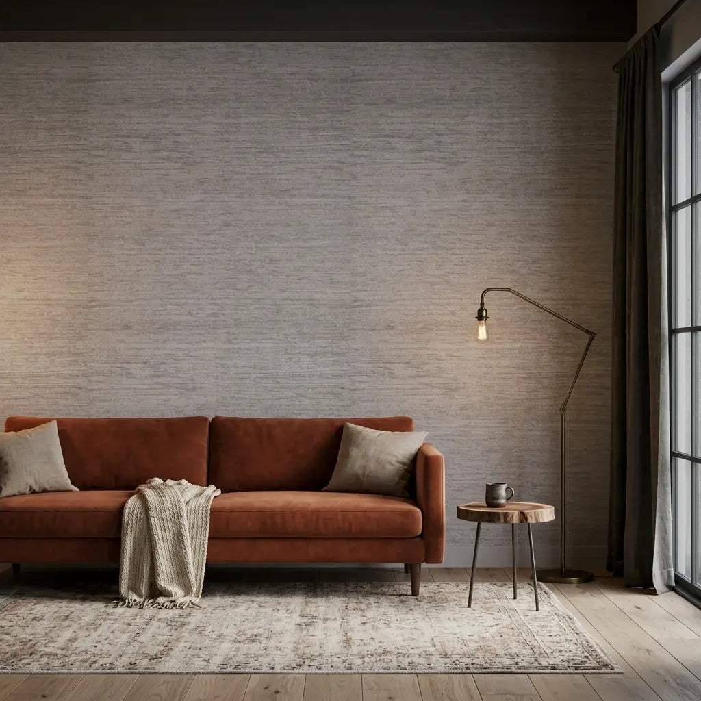 Living Room - Light Greige 'Painted Hemp' wallpaper by York Wallcoverings creates a calm and stylish living space.