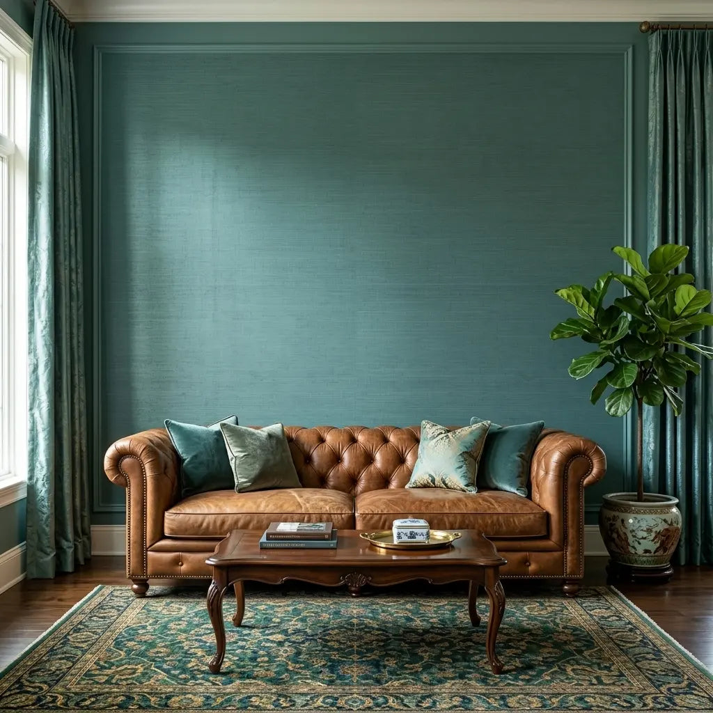 Living Room - Modern living room featuring stunning teal 'Painted Hemp' wallpaper by York Wallcoverings, creating a serene and stylish space.