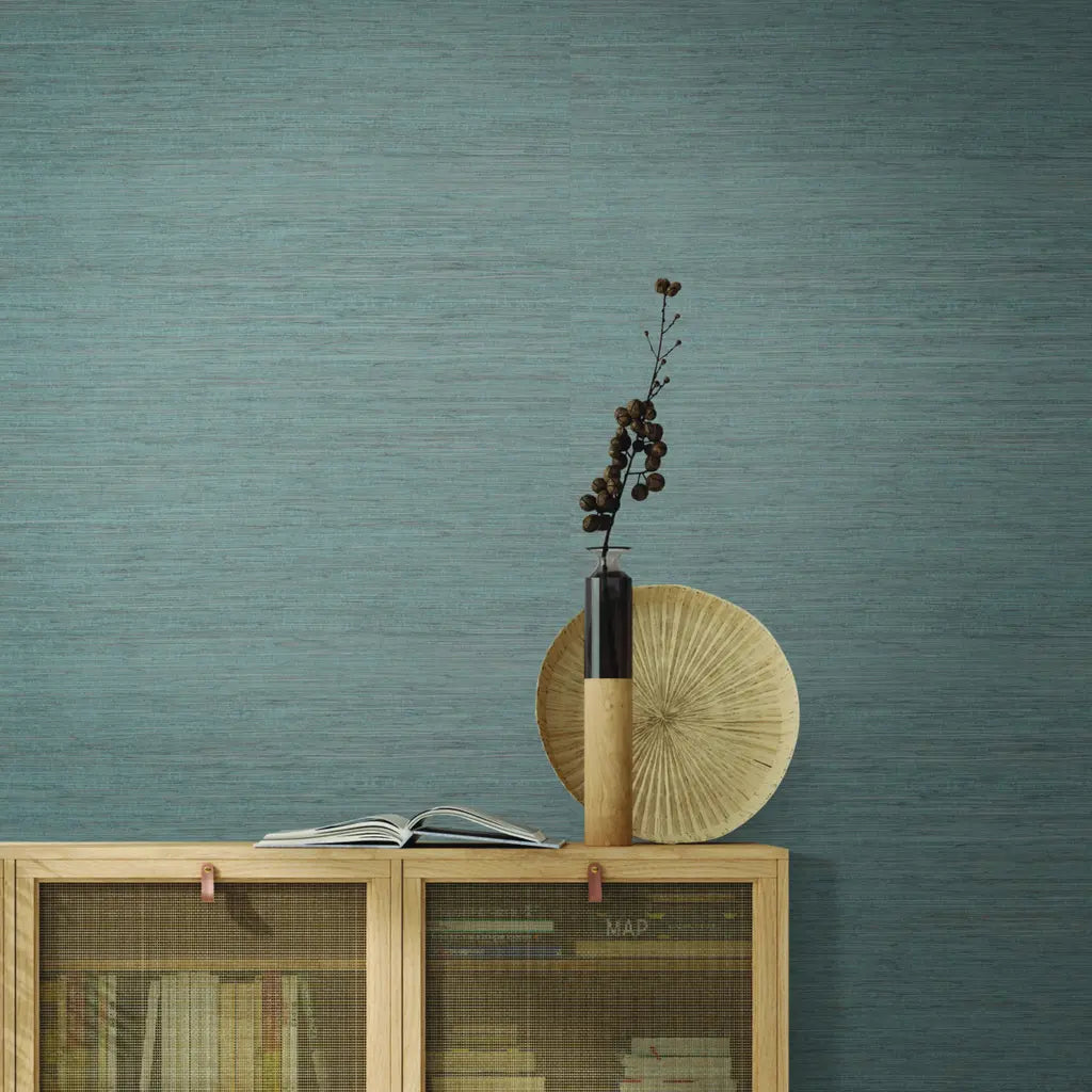 Living room featuring Dusty Teal Painted Hemp wallpaper by York Wallcoverings, creating a serene and stylish atmosphere.