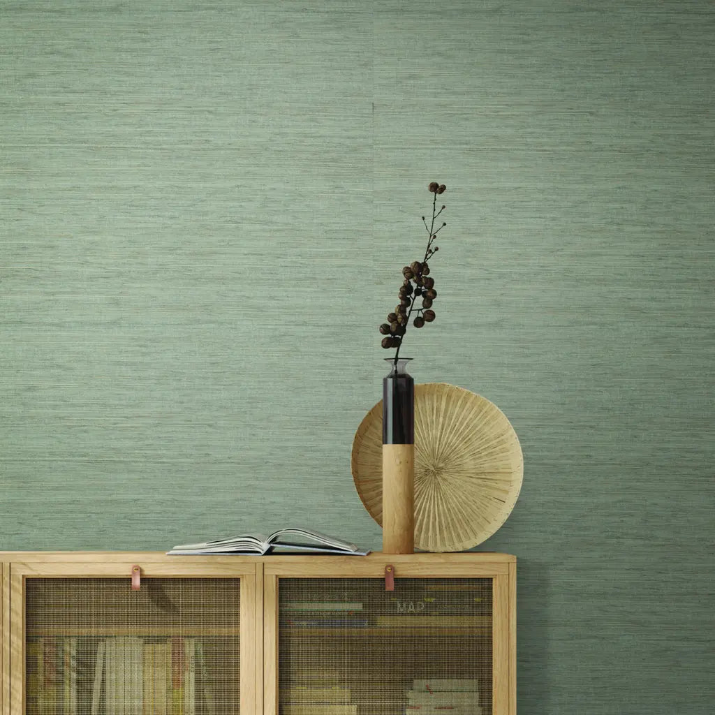 Stylish living room with elegant Green-Grey Painted Hemp wallpaper by York Wallcoverings, adding texture and modern design.