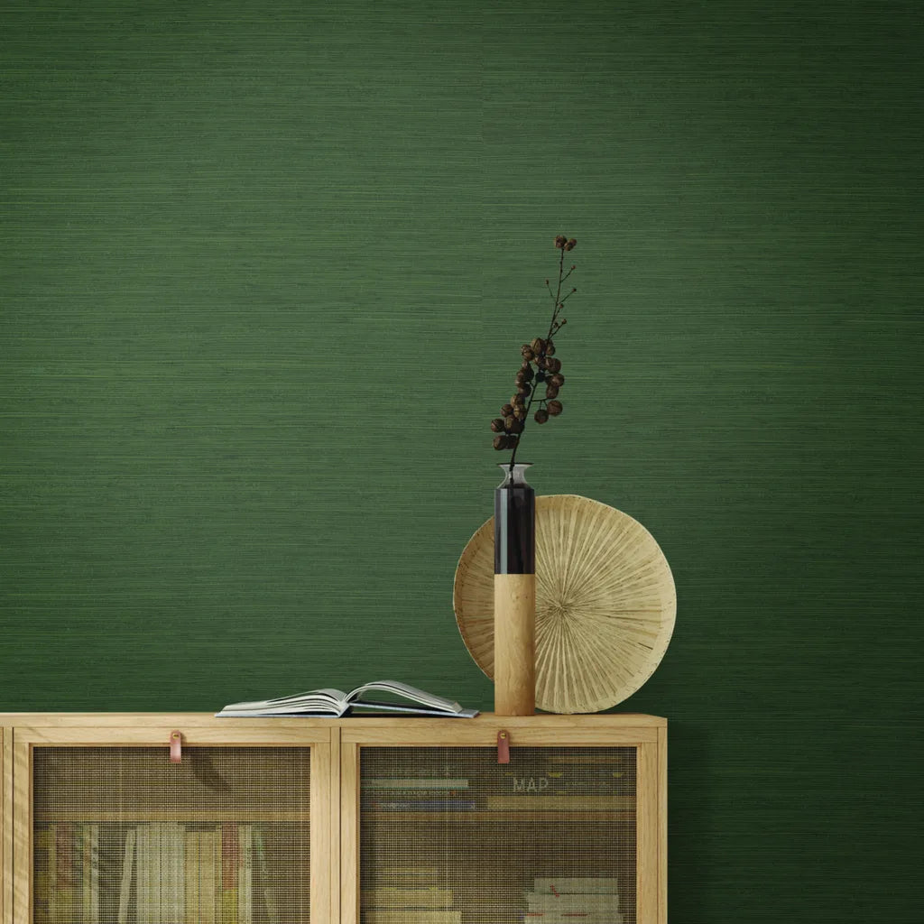 Forest Green 'Painted Hemp' wallpaper by York Wallcoverings adds natural texture and depth to this stylish living room.